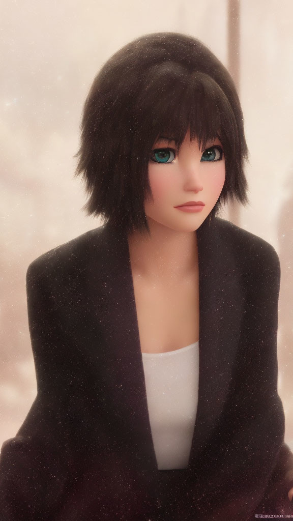 Digital artwork of female character with short black hair and green eyes in dark jacket over white top on soft