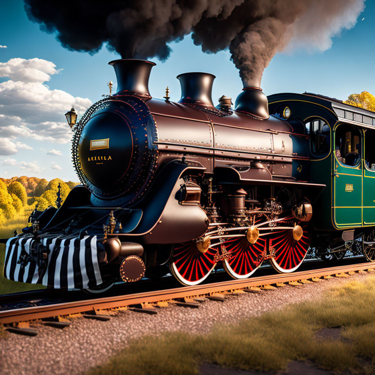 Vintage steam locomotive with polished metallic accents and red wheels steaming through rural landscape