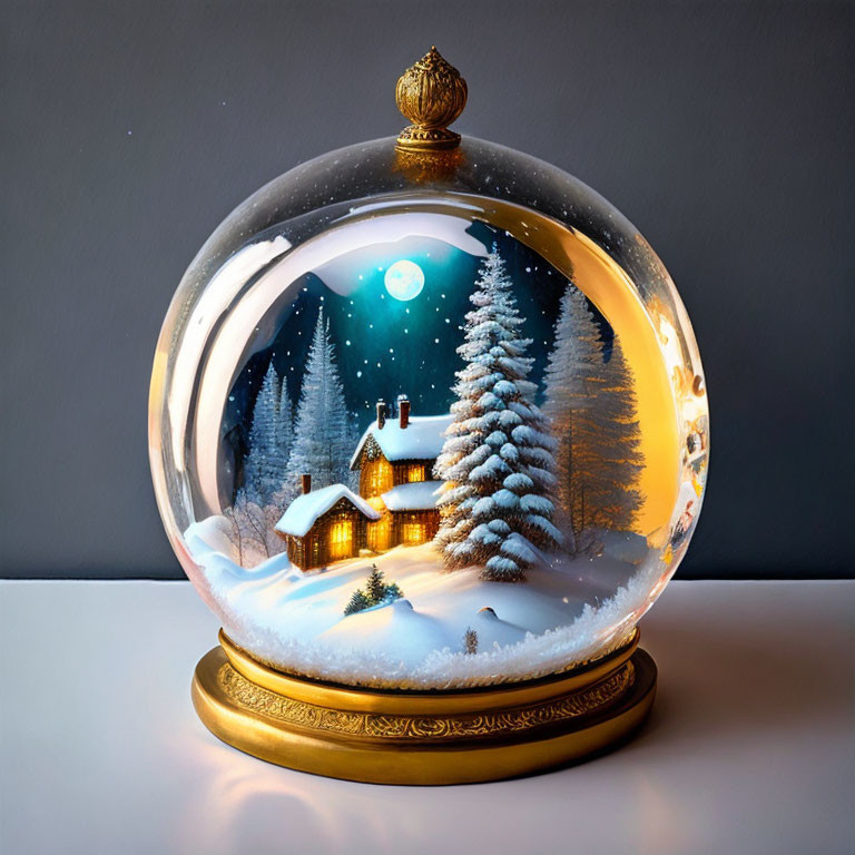 Winter Scene Snow Globe with Lit Cottage and Snowy Trees on Gold Base