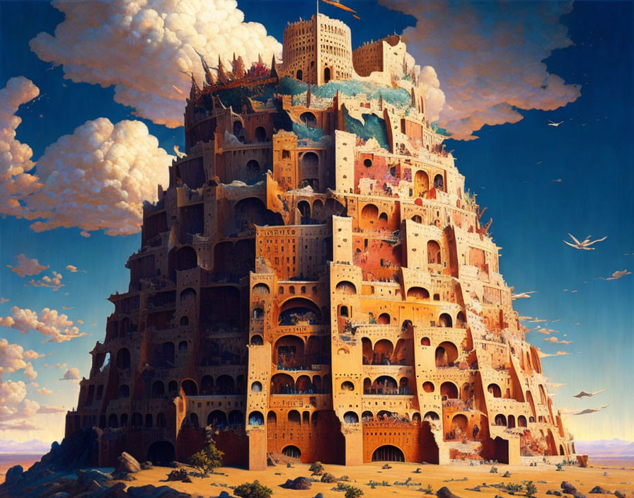 Towering desert castle with multiple levels and balconies under blue sky