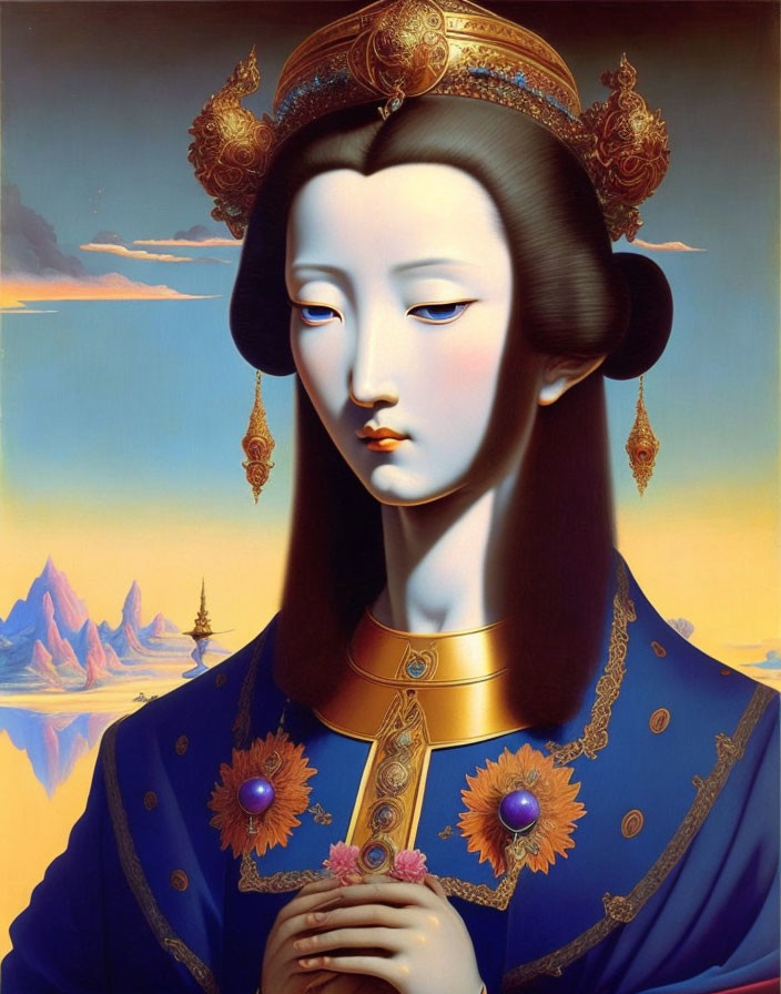 Regal figure in blue and gold outfit against mountain backdrop