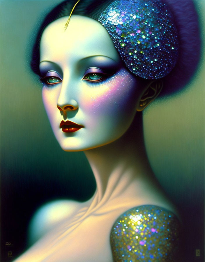 Vibrant digital portrait of a woman with sparkly blue skin and red lips