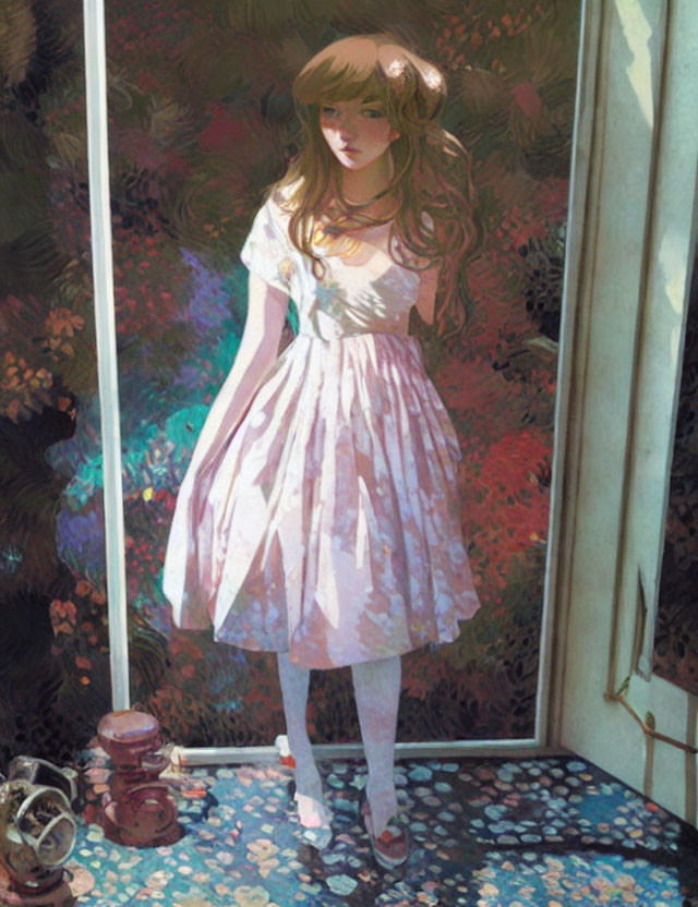 Young girl in pink dress by window with sunlight and shadows