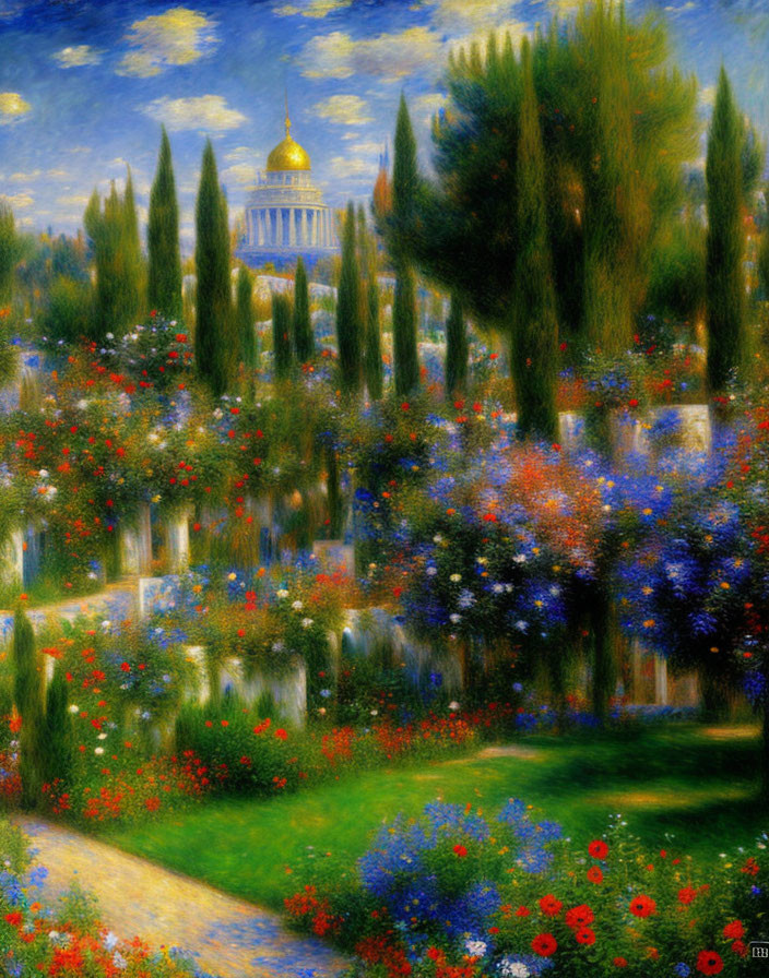 Impressionist-style painting of lush garden with vibrant flowers and domed building.