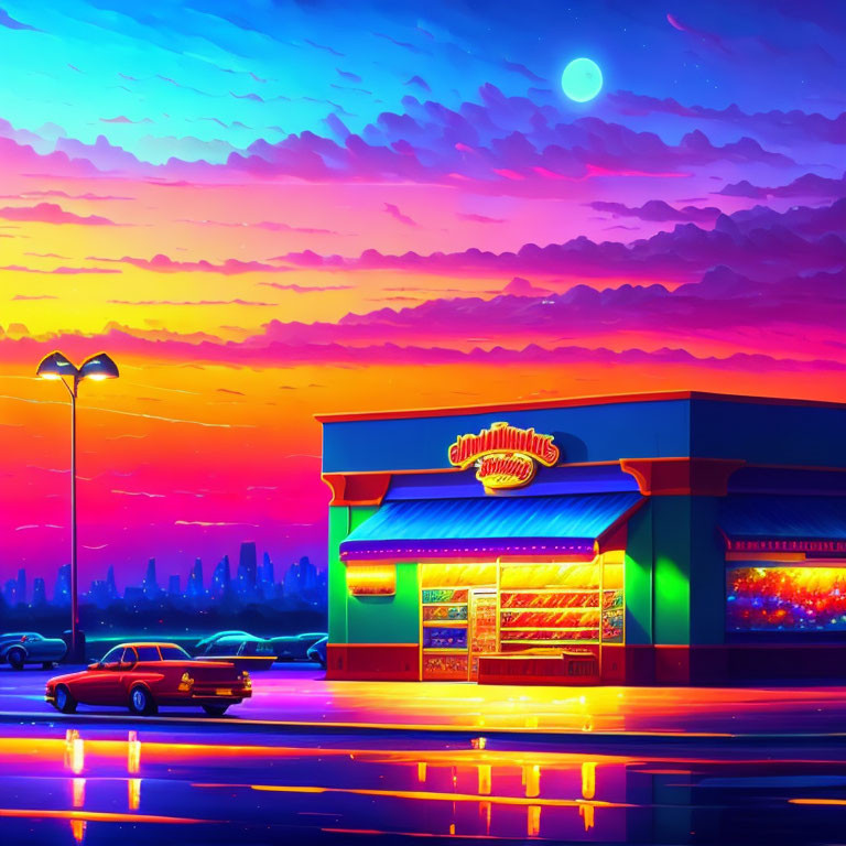 Colorful neon-lit donut shop artwork with sunset sky, wet ground, classic car, and