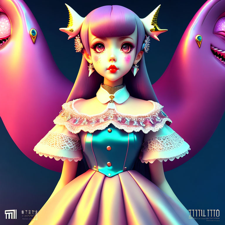 Stylized image of girl in pastel gothic dress with large eyes and horns surrounded by whims