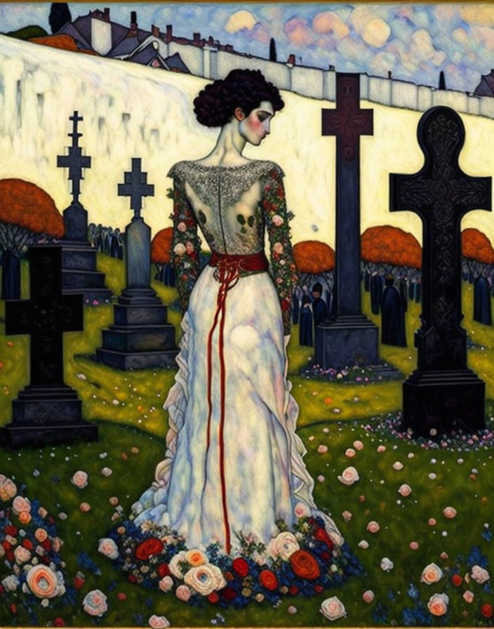 Illustration of woman in white dress in cemetery at dusk