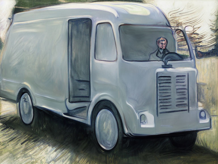 Vintage-style white delivery van illustration with large front grilles and exaggerated dimensions on blurred background