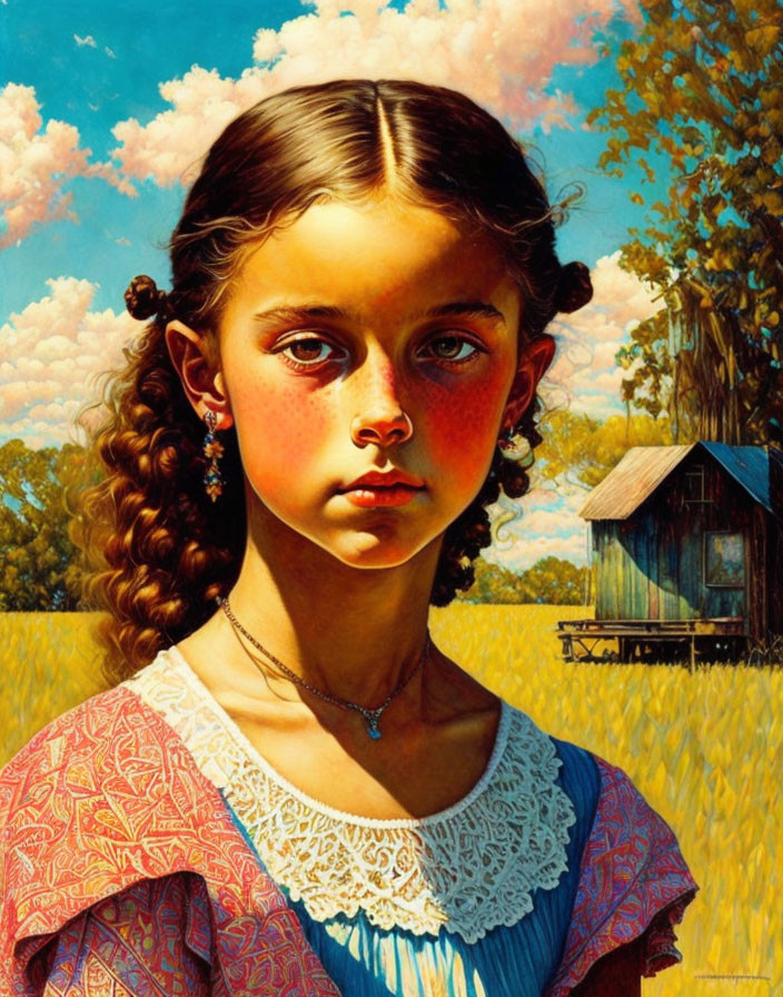 Portrait of a young girl with braided hair in rural setting