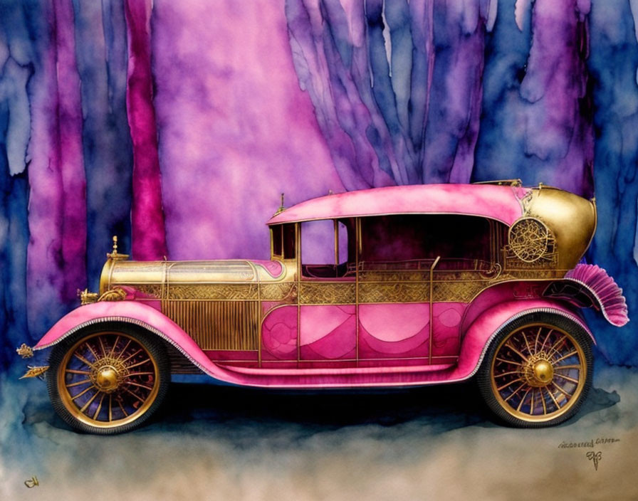 Vintage Car Watercolor Painting in Pink and Gold on Purple Background