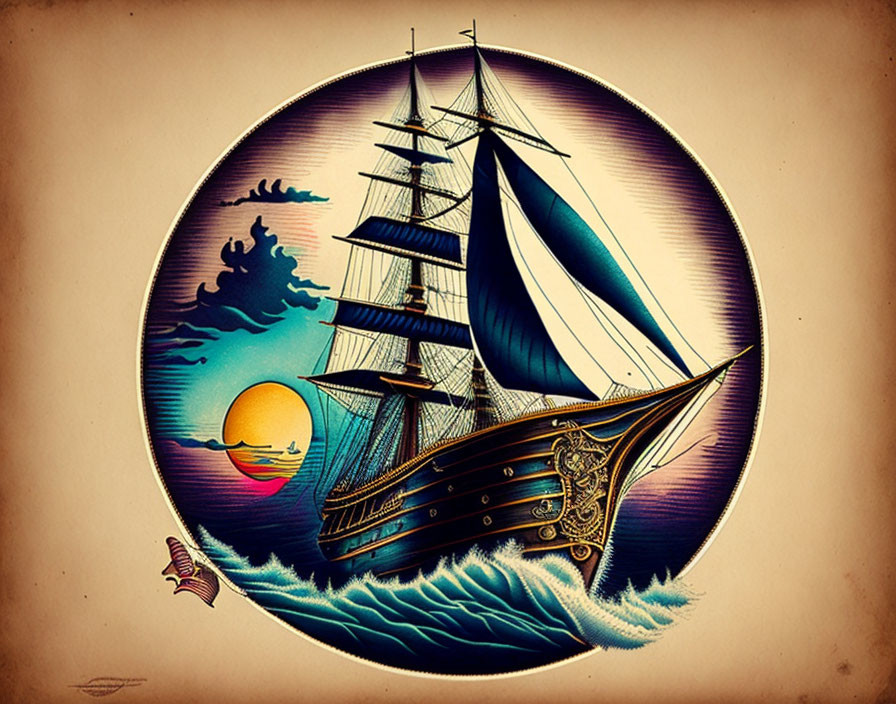 Sailing ship illustration in circular border at sunset