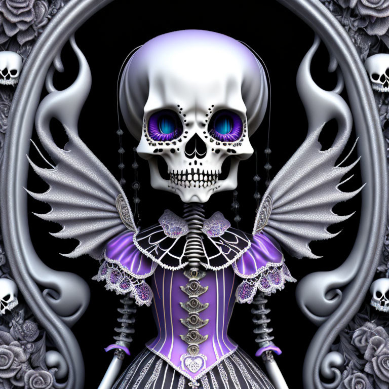 Stylized digital artwork of skeleton in purple corset dress against gothic frame