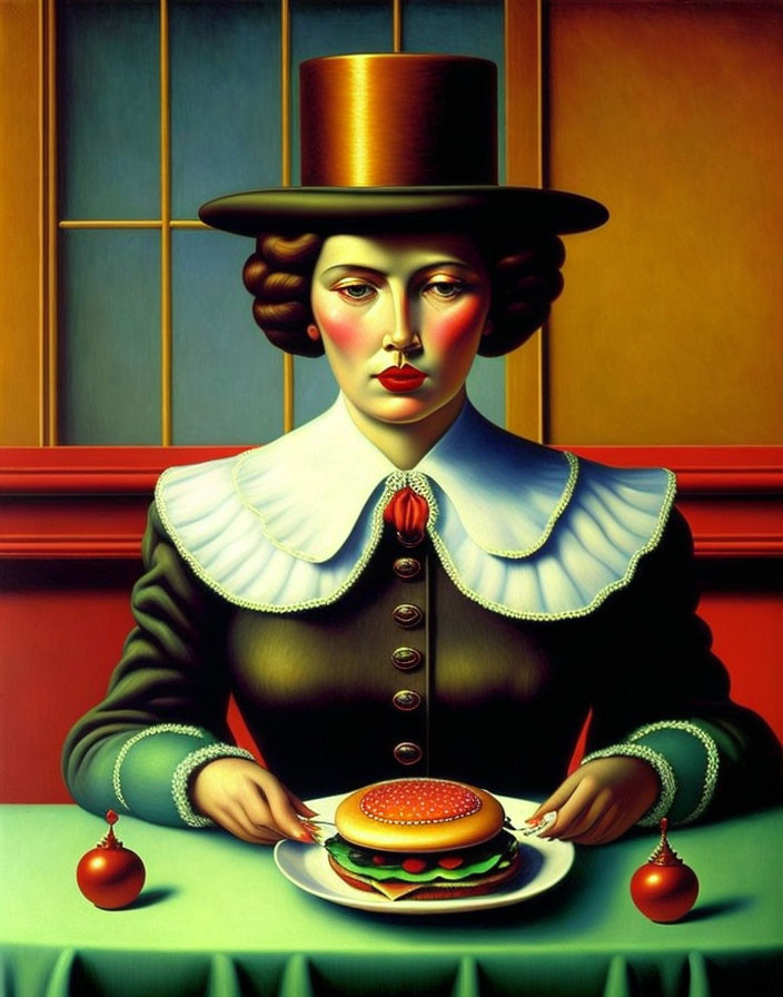 Surreal portrait of woman in top hat with hamburger and tomato earrings