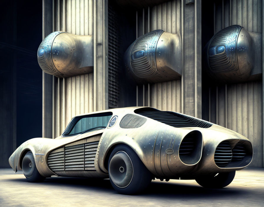 Futuristic car with spherical wheels in hangar with round air vents