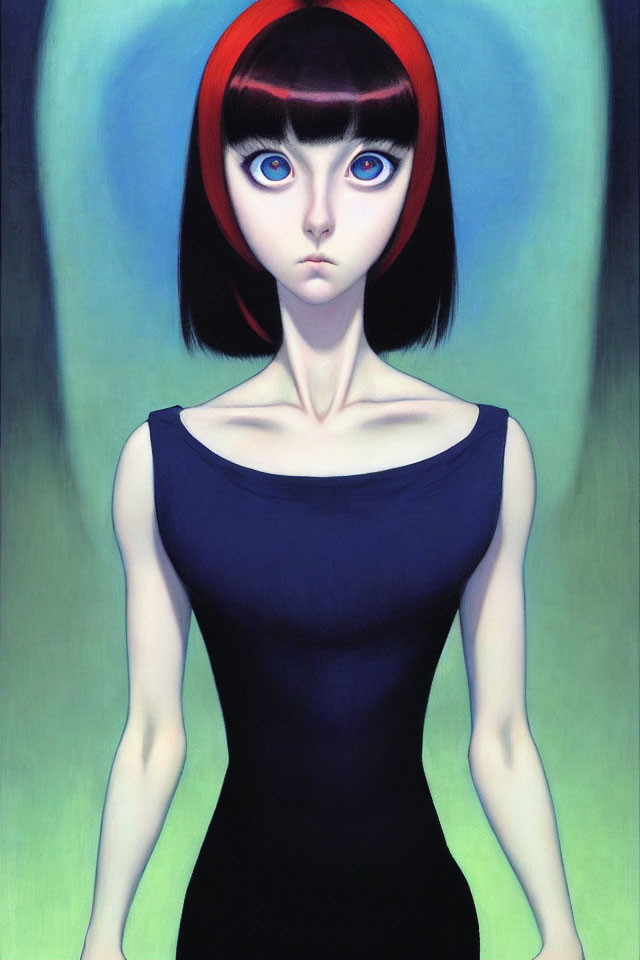 Stylized painting of woman with large blue eyes and black hair