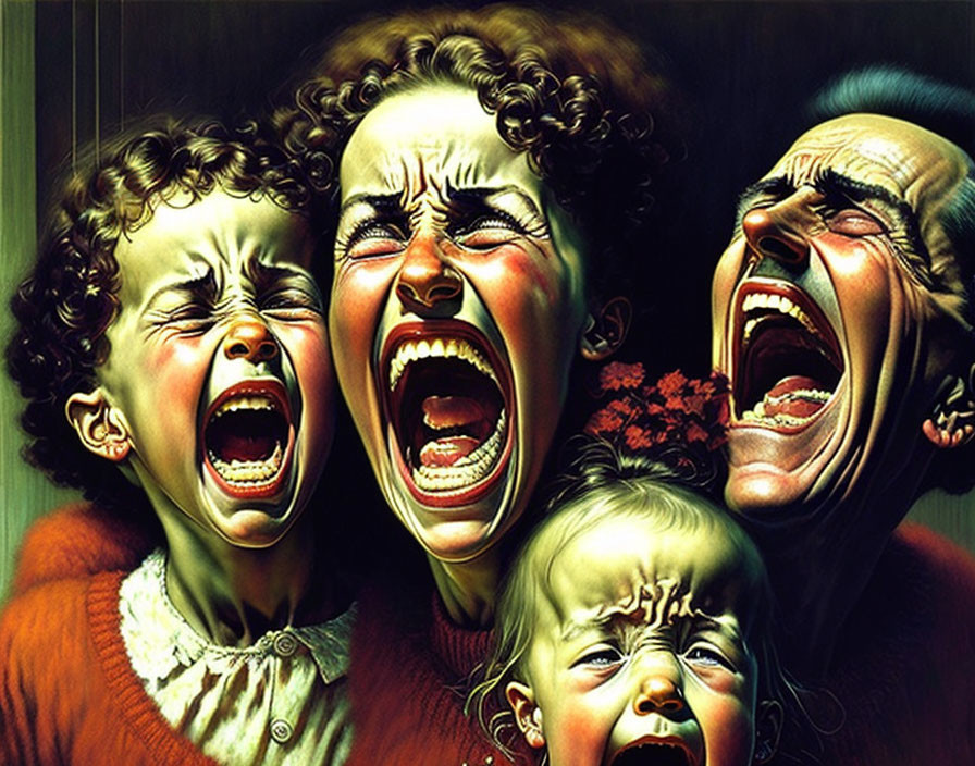 Family illustration with exaggerated screaming expressions