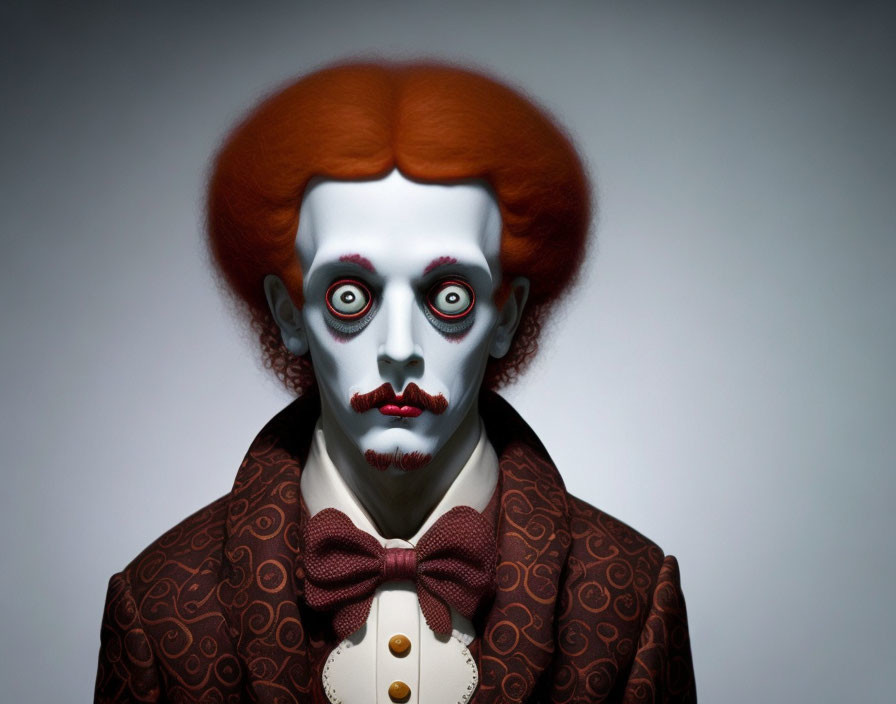 Clown makeup person with red hair and bow tie on gray background