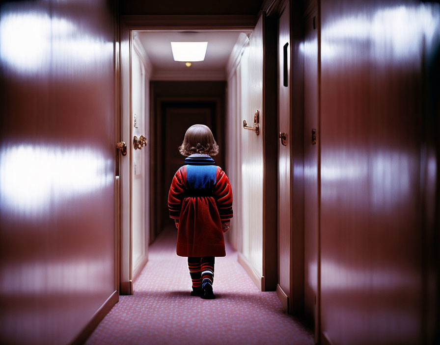 Child in red coat and striped leggings in dimly lit hotel corridor