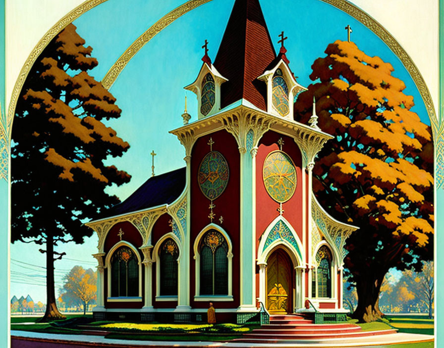 Victorian-style church illustration with stained glass windows, autumn trees, and blue sky in Gothic arch outline