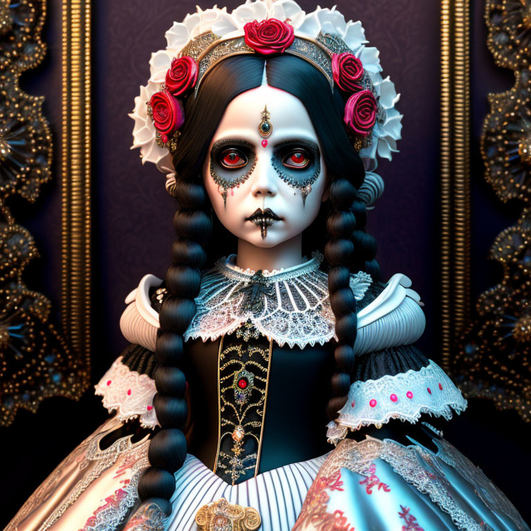 Gothic Doll with Dia de los Muertos Makeup and Victorian Dress