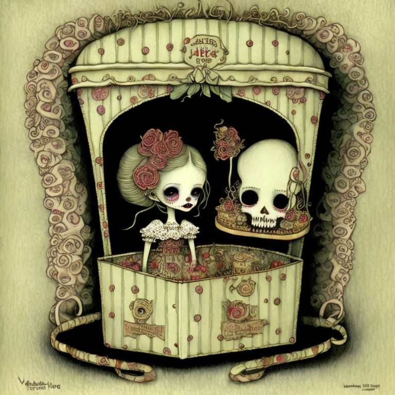 Gothic puppet show booth with doll figure, skulls, Victorian details, eerie color palette