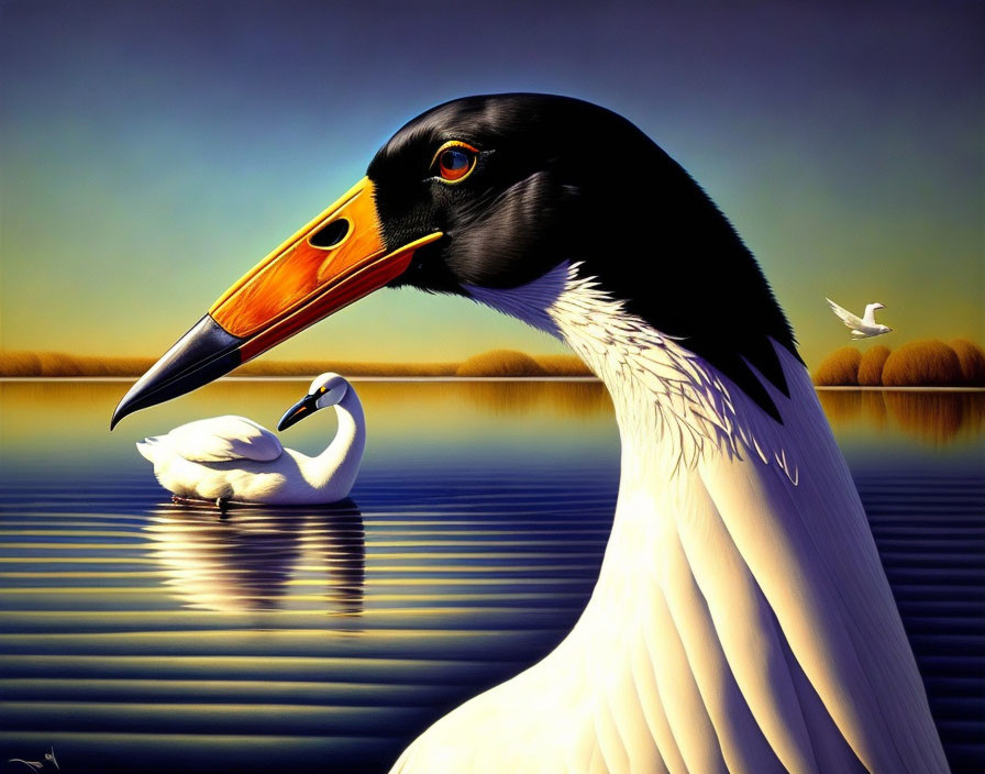 Surreal artwork: Large bird with human-like eye, small swan on serene water, warm