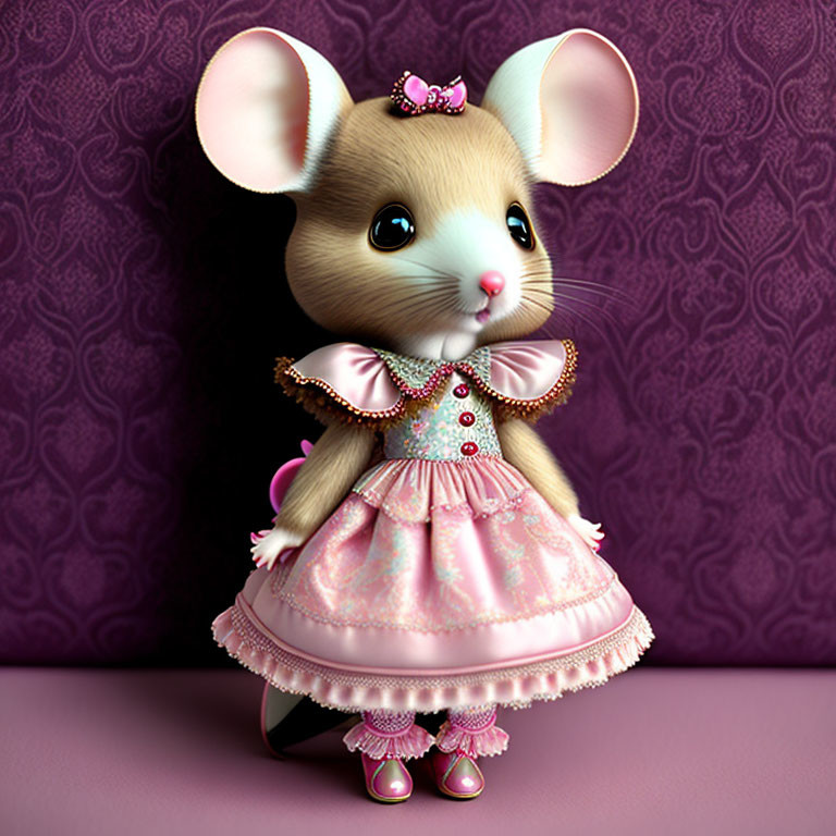 Anthropomorphic mouse in pink dress and bow on purple background