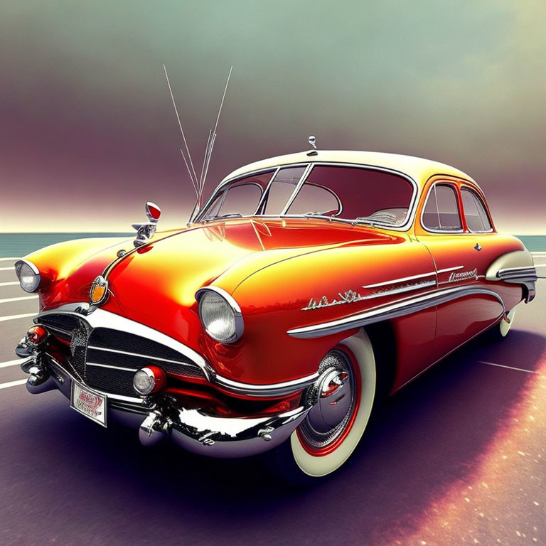 Vintage Red and Black Car with Chrome Detailing and White-Wall Tires on Open Road at Sunset