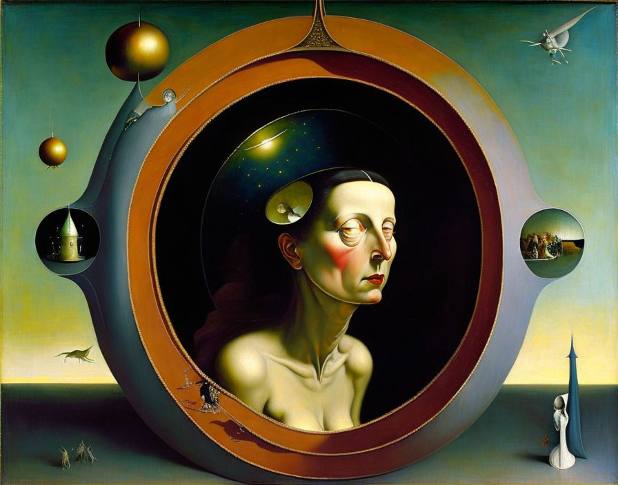 Surrealistic painting: Woman's head in round aperture with spheres, desert landscape, celestial objects