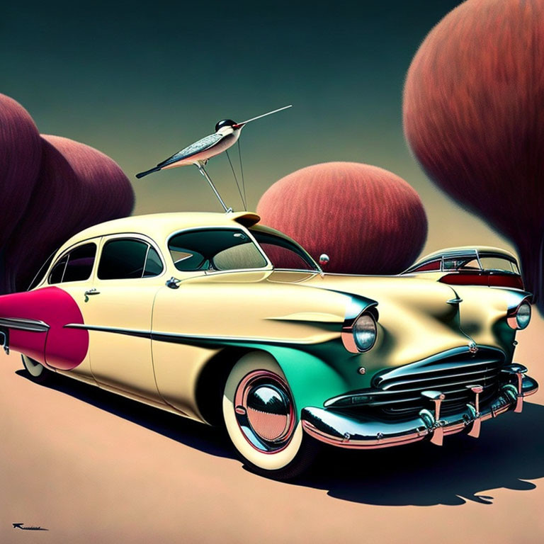 Vintage Yellow Car with Pink Accents in Surreal Landscape