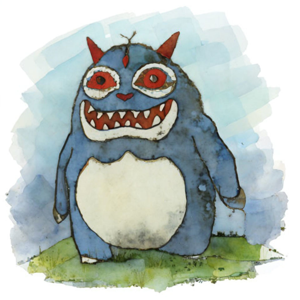 Whimsical blue monster with white belly and red eyes on watercolor background