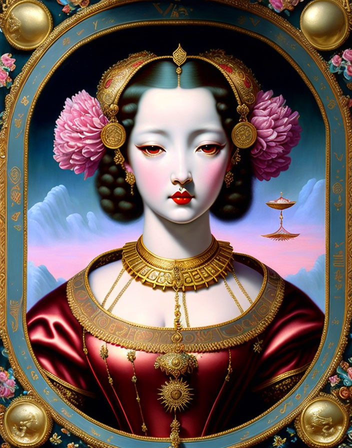 Stylized portrait of woman in East Asian attire with gold jewelry against floral backdrop