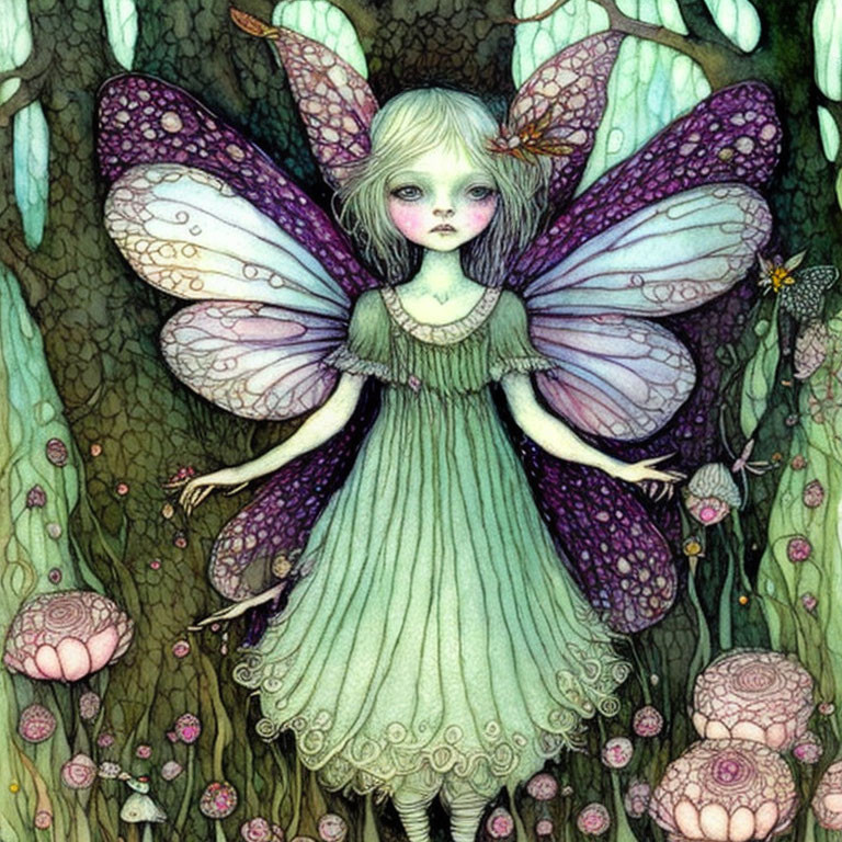 Whimsical fairy with patterned wings in forest with flowers