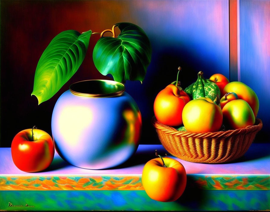 Colorful still life painting with blue vase, green leaves, wicker basket, and apples.