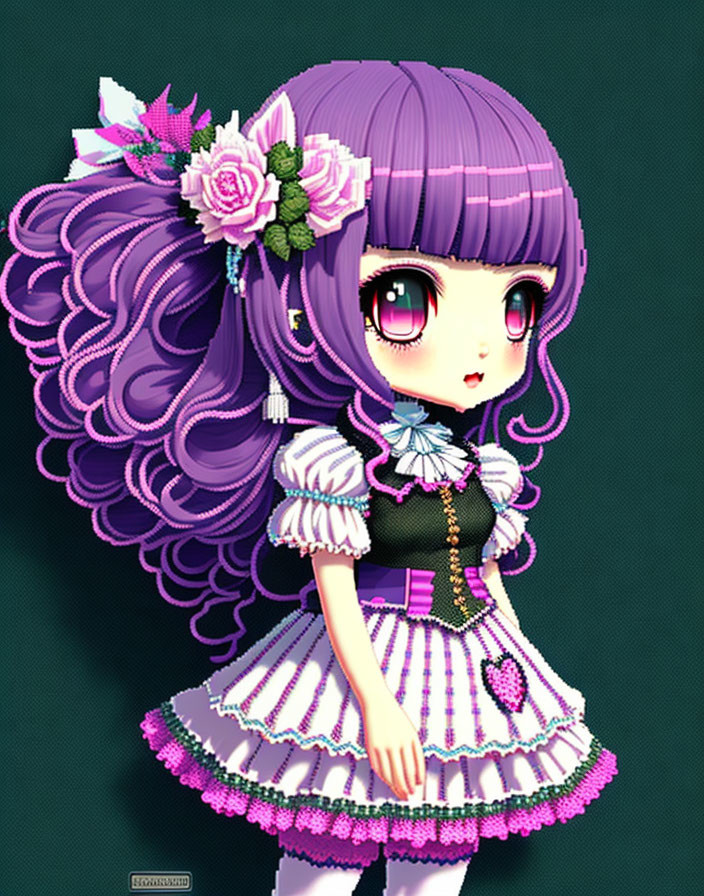 Colorful Illustration of Doll-Like Girl with Large Eyes and Purple Hair