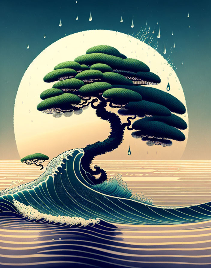 Illustration of tree with dense foliage over wavy sea under large moon or sun