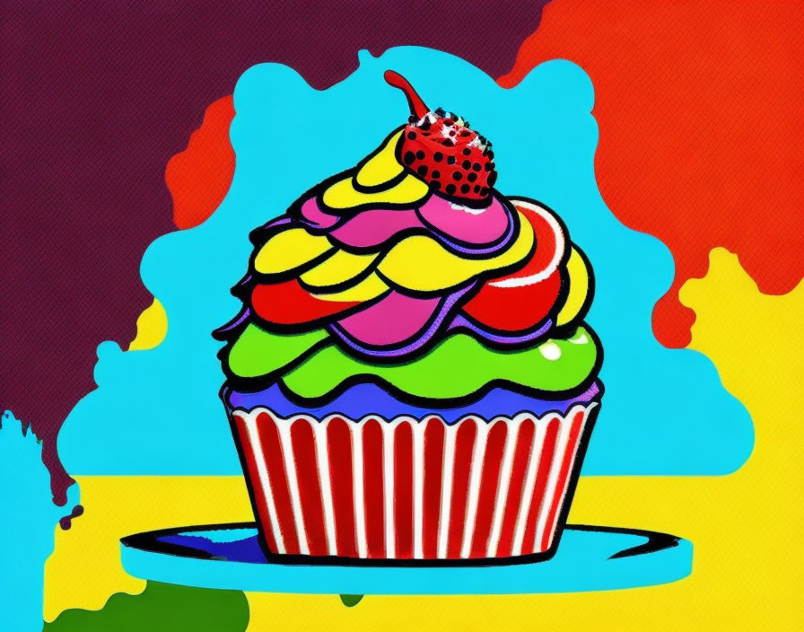 Vibrant Pop Art Cupcake Illustration with Colorful Frosting