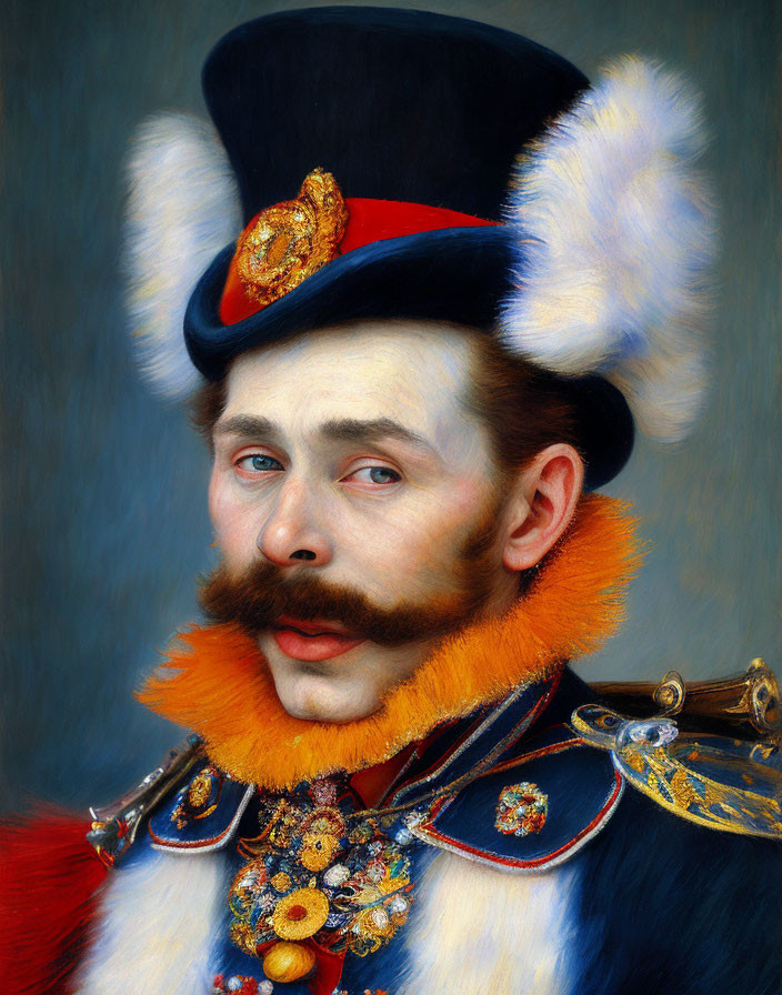 Detailed painting of man in ceremonial military uniform with fur hat and medals.