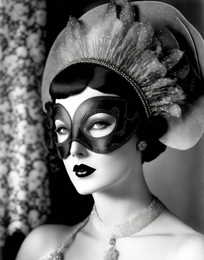 Vintage Glamour: Woman in Feathered Headpiece and Bejeweled Mask