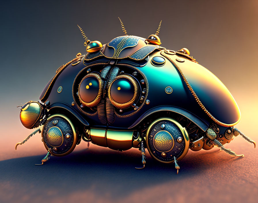 Shiny metallic beetle with mechanical features on warm gradient background