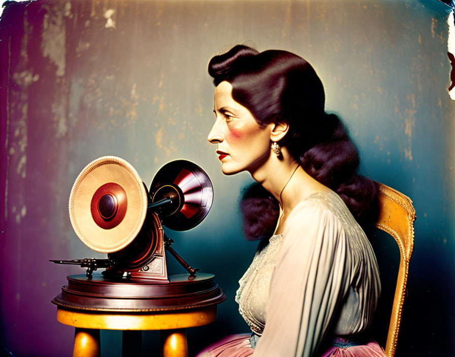 Vintage woman listening to large cone speaker in elegant attire