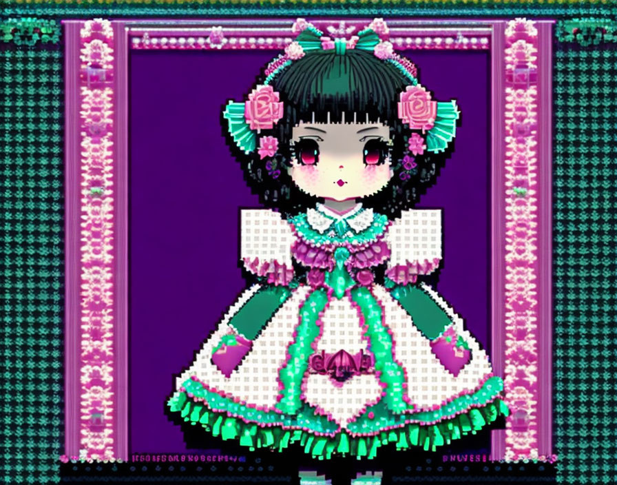 Detailed Pixel Art of Doll-Like Character in Green and White Dress