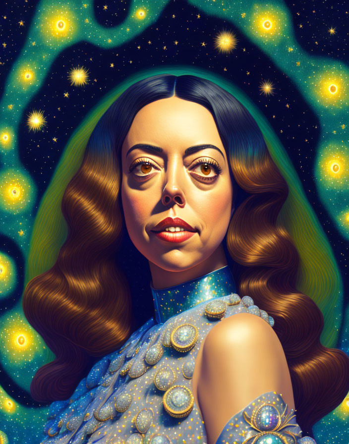 Stylized portrait of a woman with wavy brown hair in a star-themed dress against a cosmic