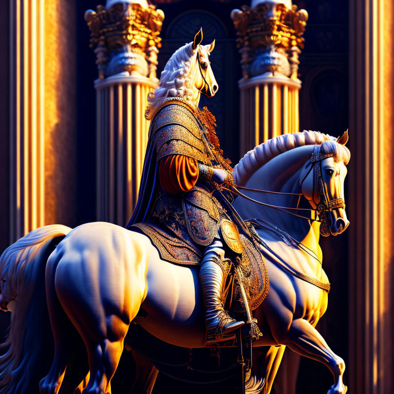 Knight in ornate armor on white horse in soft light with classical columns