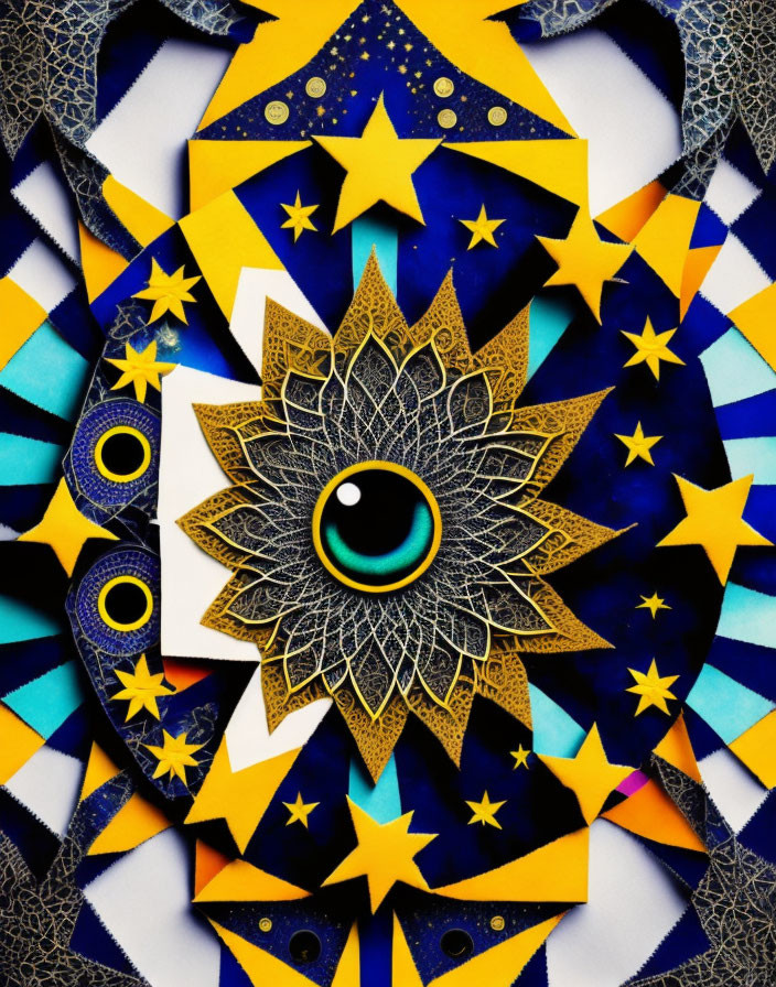 Colorful digital artwork: central eye motif, stars, petals, blue and gold scheme