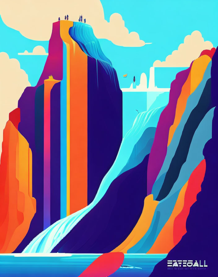 Colorful Stylized Waterfall Scene with Figures and Blue Sky