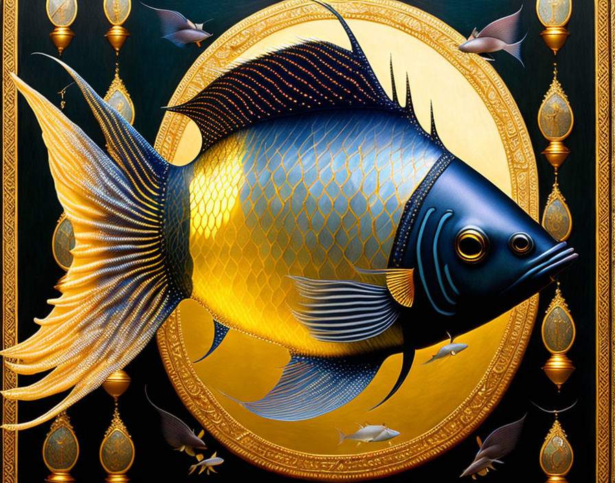 Stylized ornate fish digital art with intricate patterns and decorative background