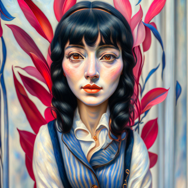 Stylized portrait of woman with expressive eyes and dark hair in front of vibrant red and pink leaves