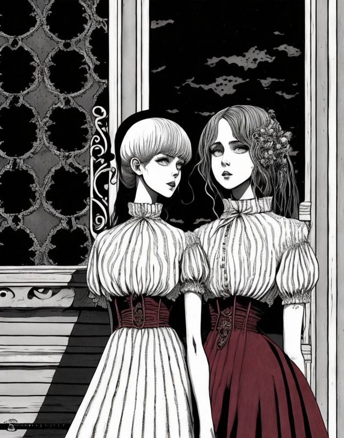 Illustrated Victorian-style women in gothic attire by a window