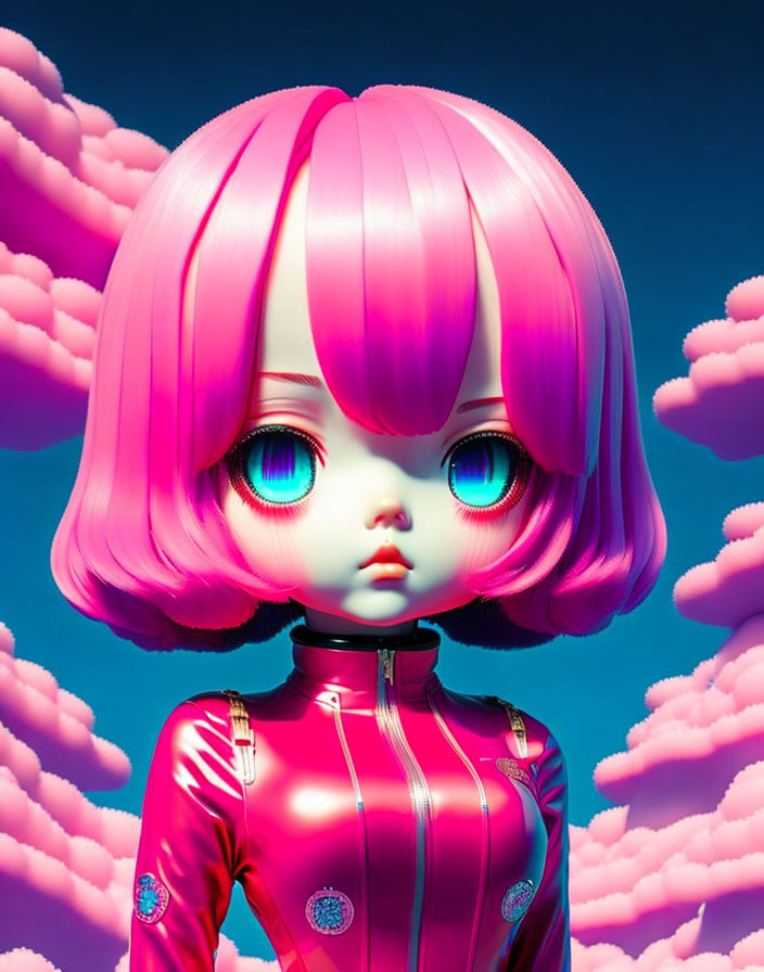 Vibrant 3D character with blue eyes, pink hair, and red outfit in pink cloud